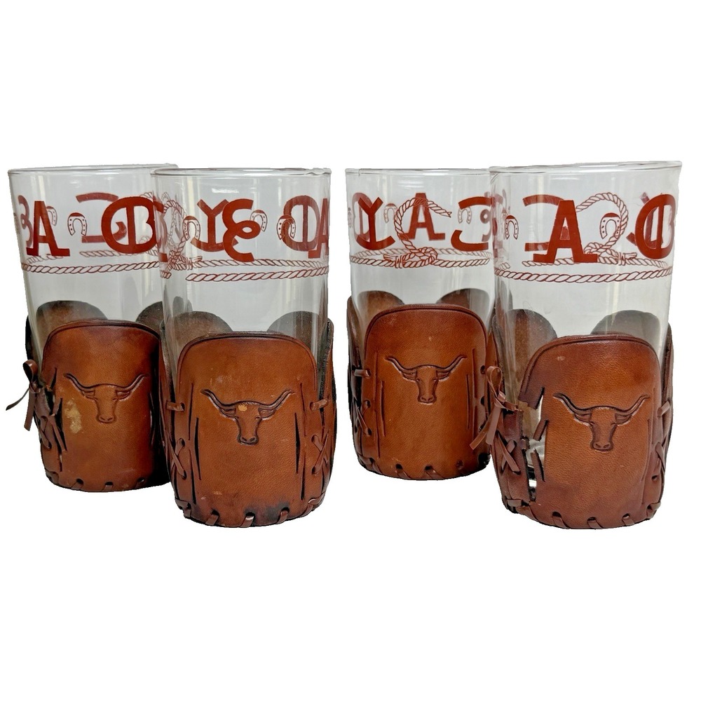Libbey Bamco Western Texas Longhorn Horse Glasses Set of 4 Tooled Leather Sleeve